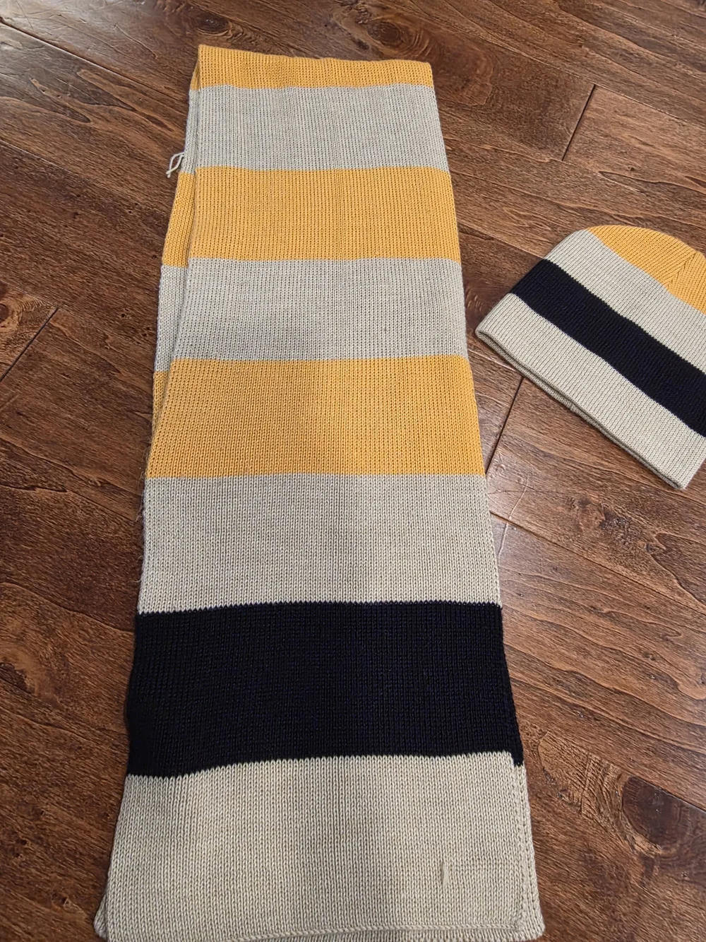 Nautica Yellow Cream & Black Striped Knit Scarf and Beanie Set